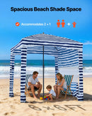 VEVOR pludmales kabāna, 1,83 × 1,83 m pludmales nojume ar sānu sienu, UPF 50+ aizsardzība, viegli uzstādamā kabānas telts ar smilšu kabatām, pārnēsājama saules aizsargu patversmes nojume visai ģimenei un draugiem, tumši zilu svītru dizainā.