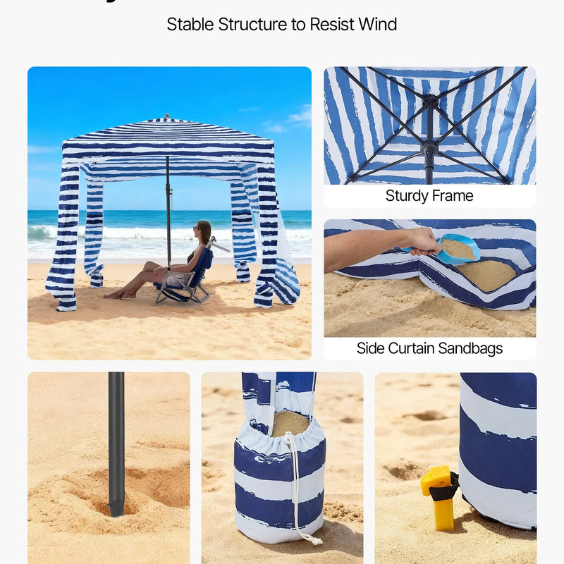 VEVOR pludmales kabāna, 1,83 × 1,83 m pludmales nojume ar sānu sienu, UPF 50+ aizsardzība, viegli uzstādamā kabānas telts ar smilšu kabatām, pārnēsājama saules aizsargu patversmes nojume visai ģimenei un draugiem, tumši zilu svītru dizainā.