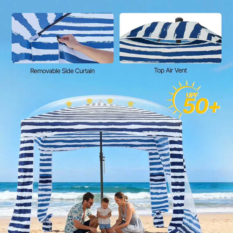 VEVOR pludmales kabāna, 1,83 × 1,83 m pludmales nojume ar sānu sienu, UPF 50+ aizsardzība, viegli uzstādamā kabānas telts ar smilšu kabatām, pārnēsājama saules aizsargu patversmes nojume visai ģimenei un draugiem, tumši zilu svītru dizainā.