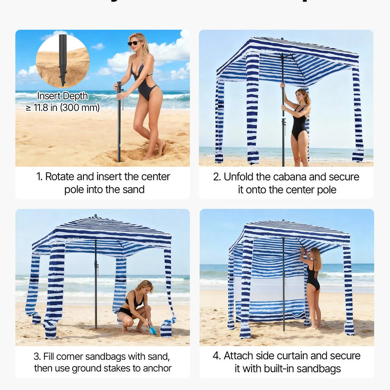 VEVOR pludmales kabāna, 1,83 × 1,83 m pludmales nojume ar sānu sienu, UPF 50+ aizsardzība, viegli uzstādamā kabānas telts ar smilšu kabatām, pārnēsājama saules aizsargu patversmes nojume visai ģimenei un draugiem, tumši zilu svītru dizainā.