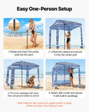 VEVOR pludmales kabāna, 1,83 × 1,83 m pludmales nojume ar sānu sienu, UPF 50+ aizsardzība, viegli uzstādamā kabānas telts ar smilšu kabatām, pārnēsājama saules aizsargu patversmes nojume visai ģimenei un draugiem, tumši zilu svītru dizainā.