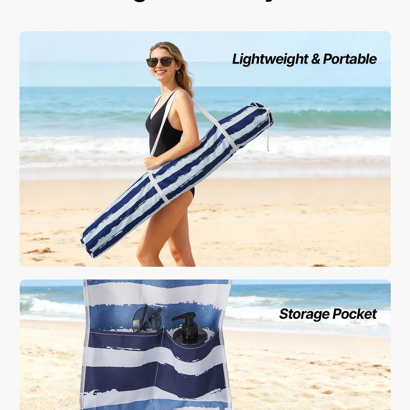 VEVOR pludmales kabāna, 1,83 × 1,83 m pludmales nojume ar sānu sienu, UPF 50+ aizsardzība, viegli uzstādamā kabānas telts ar smilšu kabatām, pārnēsājama saules aizsargu patversmes nojume visai ģimenei un draugiem, tumši zilu svītru dizainā.