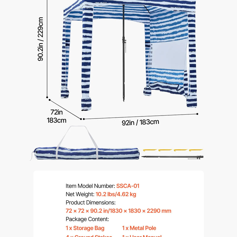 VEVOR pludmales kabāna, 1,83 × 1,83 m pludmales nojume ar sānu sienu, UPF 50+ aizsardzība, viegli uzstādamā kabānas telts ar smilšu kabatām, pārnēsājama saules aizsargu patversmes nojume visai ģimenei un draugiem, tumši zilu svītru dizainā.
