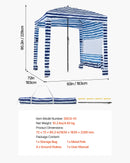 VEVOR pludmales kabāna, 1,83 × 1,83 m pludmales nojume ar sānu sienu, UPF 50+ aizsardzība, viegli uzstādamā kabānas telts ar smilšu kabatām, pārnēsājama saules aizsargu patversmes nojume visai ģimenei un draugiem, tumši zilu svītru dizainā.