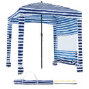 VEVOR pludmales kabāna, 1,83 × 1,83 m pludmales nojume ar sānu sienu, UPF 50+ aizsardzība, viegli uzstādamā kabānas telts ar smilšu kabatām, pārnēsājama saules aizsargu patversmes nojume visai ģimenei un draugiem, tumši zilu svītru dizainā.