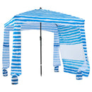 VEVOR pludmales nojume, 1,83 × 1,83 m pludmales nojume ar sānu sienu, UPF 50+ aizsardzība, viegli uzstādāma kabānas telts ar smilšu kabatām, pārnēsājams saules aizsargu patversmes lietussargs visai ģimenei un draugiem, zilas svītras.