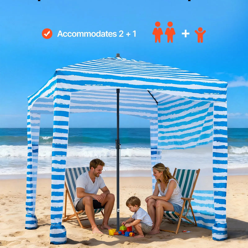 VEVOR pludmales nojume, 1,83 × 1,83 m pludmales nojume ar sānu sienu, UPF 50+ aizsardzība, viegli uzstādāma kabānas telts ar smilšu kabatām, pārnēsājams saules aizsargu patversmes lietussargs visai ģimenei un draugiem, zilas svītras.