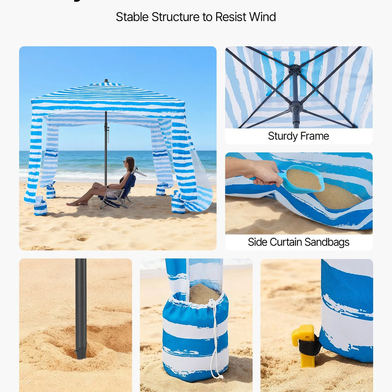 VEVOR pludmales nojume, 1,83 × 1,83 m pludmales nojume ar sānu sienu, UPF 50+ aizsardzība, viegli uzstādāma kabānas telts ar smilšu kabatām, pārnēsājams saules aizsargu patversmes lietussargs visai ģimenei un draugiem, zilas svītras.