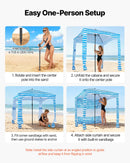 VEVOR pludmales nojume, 1,83 × 1,83 m pludmales nojume ar sānu sienu, UPF 50+ aizsardzība, viegli uzstādāma kabānas telts ar smilšu kabatām, pārnēsājams saules aizsargu patversmes lietussargs visai ģimenei un draugiem, zilas svītras.