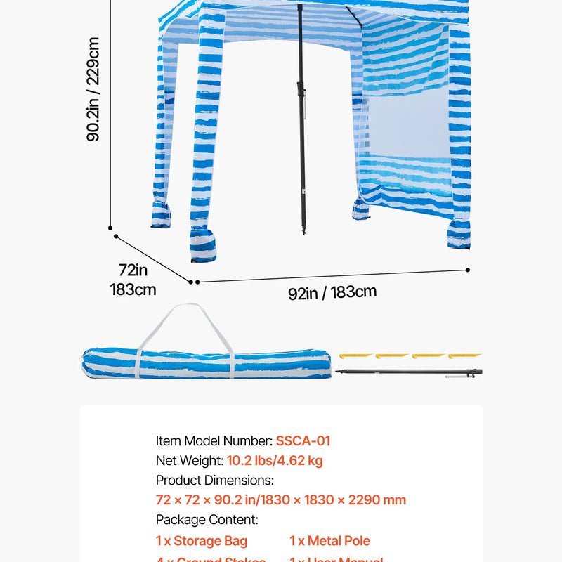 VEVOR pludmales nojume, 1,83 × 1,83 m pludmales nojume ar sānu sienu, UPF 50+ aizsardzība, viegli uzstādāma kabānas telts ar smilšu kabatām, pārnēsājams saules aizsargu patversmes lietussargs visai ģimenei un draugiem, zilas svītras.