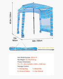 VEVOR pludmales nojume, 1,83 × 1,83 m pludmales nojume ar sānu sienu, UPF 50+ aizsardzība, viegli uzstādāma kabānas telts ar smilšu kabatām, pārnēsājams saules aizsargu patversmes lietussargs visai ģimenei un draugiem, zilas svītras.