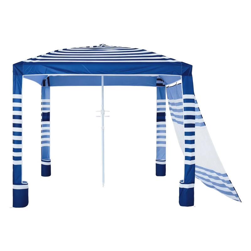 VEVOR pludmales kabana 2,4 × 2,4 m ar sānu sienu, UPF 50+ aizsardzība, viegli uzstādāma nojume ar smilšu kabatām, regulējams augstums, pārnēsājama saules aizsardzības nojume ģimenei, tumši zilas svītras