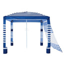 VEVOR pludmales kabana 2,4 × 2,4 m ar sānu sienu, UPF 50+ aizsardzība, viegli uzstādāma nojume ar smilšu kabatām, regulējams augstums, pārnēsājama saules aizsardzības nojume ģimenei, tumši zilas svītras