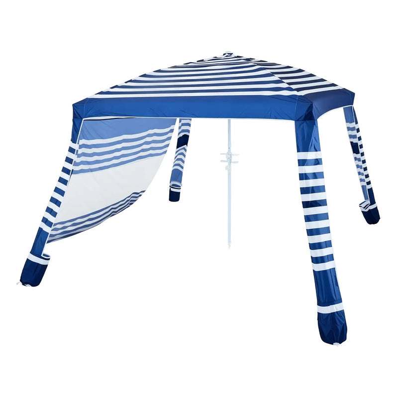 VEVOR pludmales kabana 2,4 × 2,4 m ar sānu sienu, UPF 50+ aizsardzība, viegli uzstādāma nojume ar smilšu kabatām, regulējams augstums, pārnēsājama saules aizsardzības nojume ģimenei, tumši zilas svītras