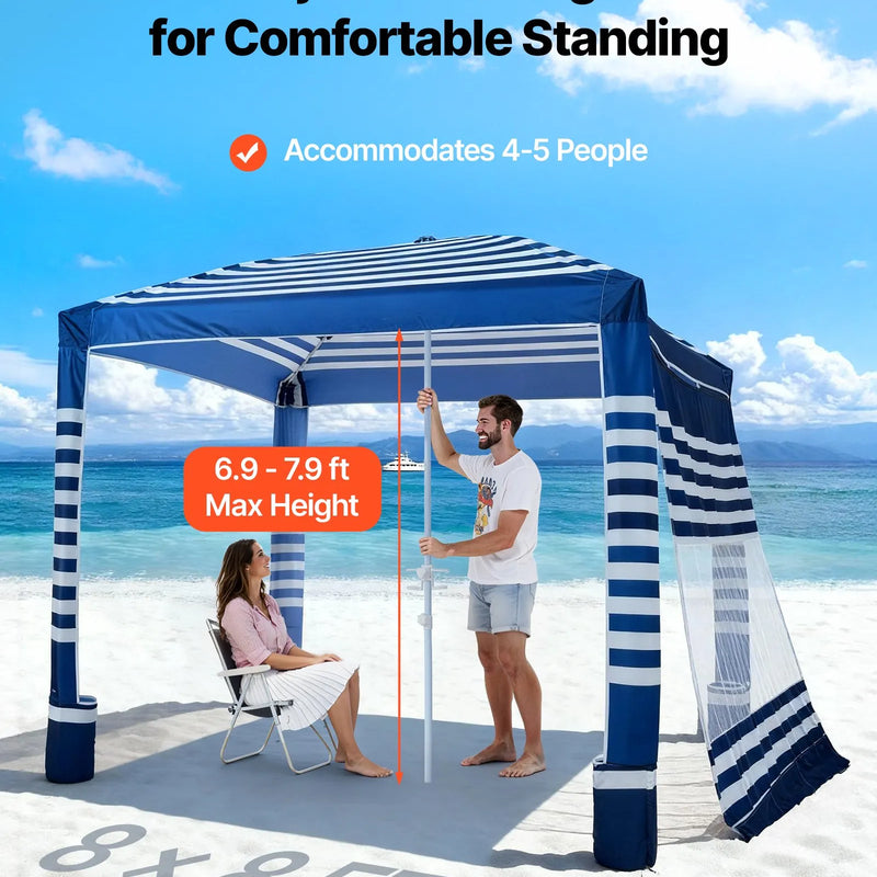 VEVOR pludmales kabana 2,4 × 2,4 m ar sānu sienu, UPF 50+ aizsardzība, viegli uzstādāma nojume ar smilšu kabatām, regulējams augstums, pārnēsājama saules aizsardzības nojume ģimenei, tumši zilas svītras