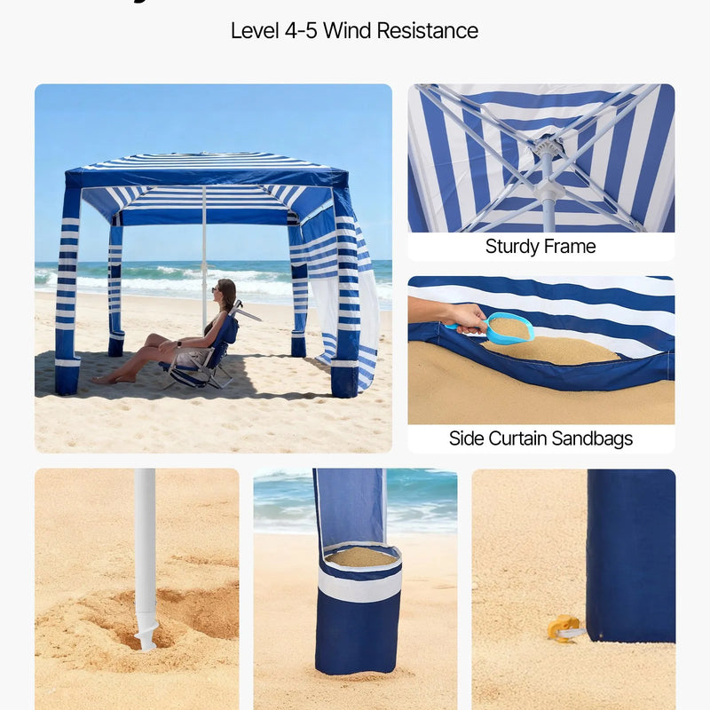 VEVOR pludmales kabana 2,4 × 2,4 m ar sānu sienu, UPF 50+ aizsardzība, viegli uzstādāma nojume ar smilšu kabatām, regulējams augstums, pārnēsājama saules aizsardzības nojume ģimenei, tumši zilas svītras