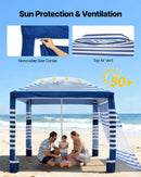 VEVOR pludmales kabana 2,4 × 2,4 m ar sānu sienu, UPF 50+ aizsardzība, viegli uzstādāma nojume ar smilšu kabatām, regulējams augstums, pārnēsājama saules aizsardzības nojume ģimenei, tumši zilas svītras