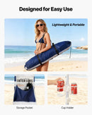 VEVOR pludmales kabana 2,4 × 2,4 m ar sānu sienu, UPF 50+ aizsardzība, viegli uzstādāma nojume ar smilšu kabatām, regulējams augstums, pārnēsājama saules aizsardzības nojume ģimenei, tumši zilas svītras