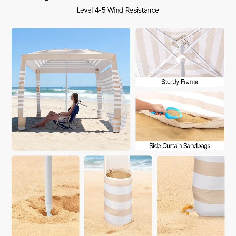 VEVOR pludmales kabana, 2,4 × 2,4 m pludmales nojume ar sānu sienu, UPF 50+ aizsardzība, viegli uzstādāma kabana telts ar smilšu kabatām, regulējams augstums, pārnēsājama saules aizsardzības nojume visai ģimenei un draugiem