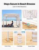 VEVOR pludmales kabana, 2,4 × 2,4 m pludmales nojume ar sānu sienu, UPF 50+ aizsardzība, viegli uzstādāma kabana telts ar smilšu kabatām, regulējams augstums, pārnēsājama saules aizsardzības nojume visai ģimenei un draugiem