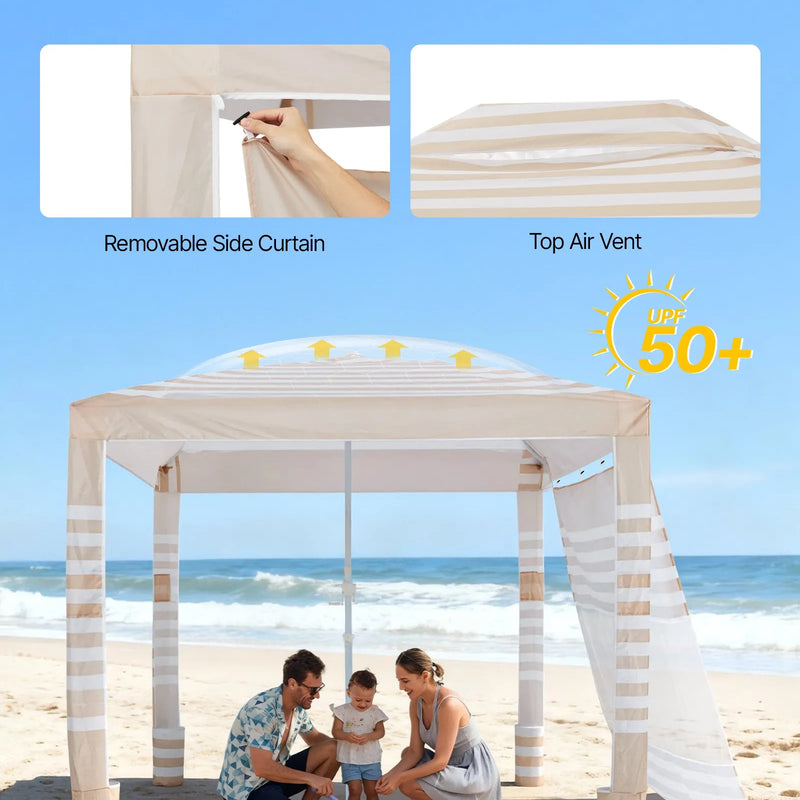 VEVOR pludmales kabana, 2,4 × 2,4 m pludmales nojume ar sānu sienu, UPF 50+ aizsardzība, viegli uzstādāma kabana telts ar smilšu kabatām, regulējams augstums, pārnēsājama saules aizsardzības nojume visai ģimenei un draugiem