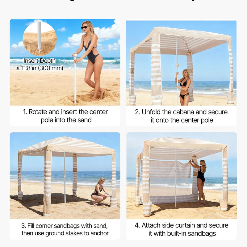 VEVOR pludmales kabana, 2,4 × 2,4 m pludmales nojume ar sānu sienu, UPF 50+ aizsardzība, viegli uzstādāma kabana telts ar smilšu kabatām, regulējams augstums, pārnēsājama saules aizsardzības nojume visai ģimenei un draugiem