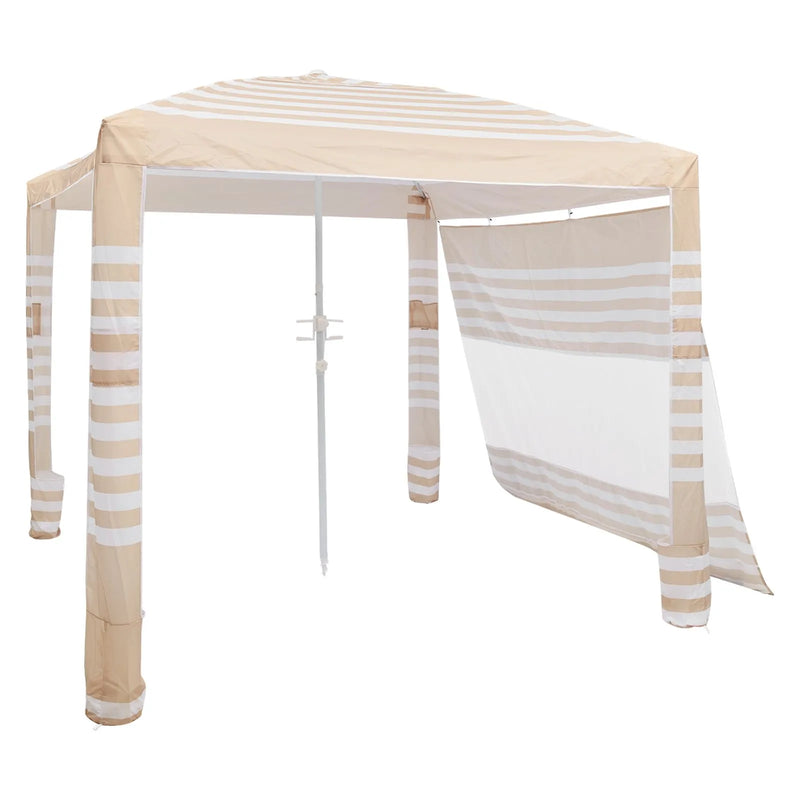 VEVOR pludmales kabana, 2,4 × 2,4 m pludmales nojume ar sānu sienu, UPF 50+ aizsardzība, viegli uzstādāma kabana telts ar smilšu kabatām, regulējams augstums, pārnēsājama saules aizsardzības nojume visai ģimenei un draugiem