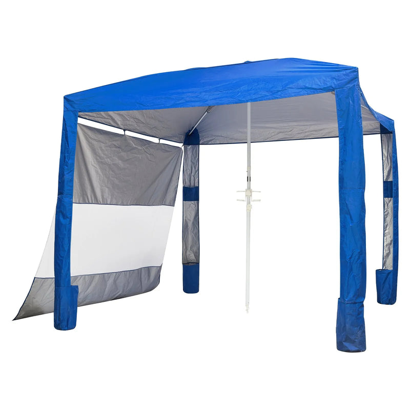 VEVOR pludmales kabana, 2,4 × 2,4 m pludmales nojume ar sānu sienu, UPF 50+ aizsardzība, viegli uzstādāma kabana telts ar smilšu kabatām, regulējams augstums, pārnēsājama saules aizsardzības nojume ģimenei un draugiem, zila