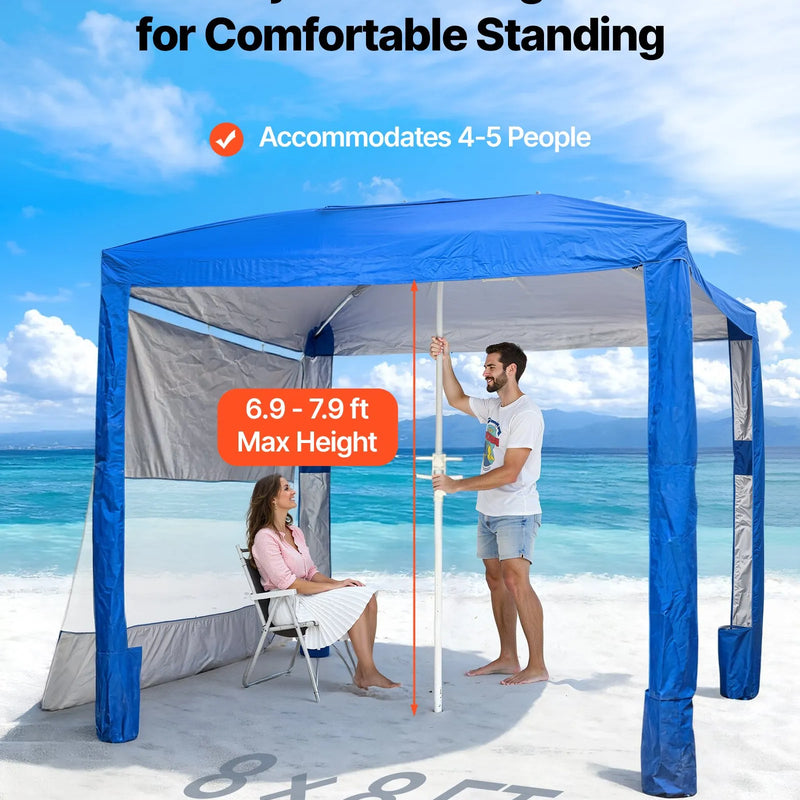 VEVOR pludmales kabana, 2,4 × 2,4 m pludmales nojume ar sānu sienu, UPF 50+ aizsardzība, viegli uzstādāma kabana telts ar smilšu kabatām, regulējams augstums, pārnēsājama saules aizsardzības nojume ģimenei un draugiem, zila