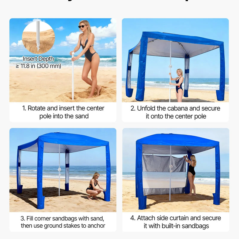 VEVOR pludmales kabana, 2,4 × 2,4 m pludmales nojume ar sānu sienu, UPF 50+ aizsardzība, viegli uzstādāma kabana telts ar smilšu kabatām, regulējams augstums, pārnēsājama saules aizsardzības nojume ģimenei un draugiem, zila