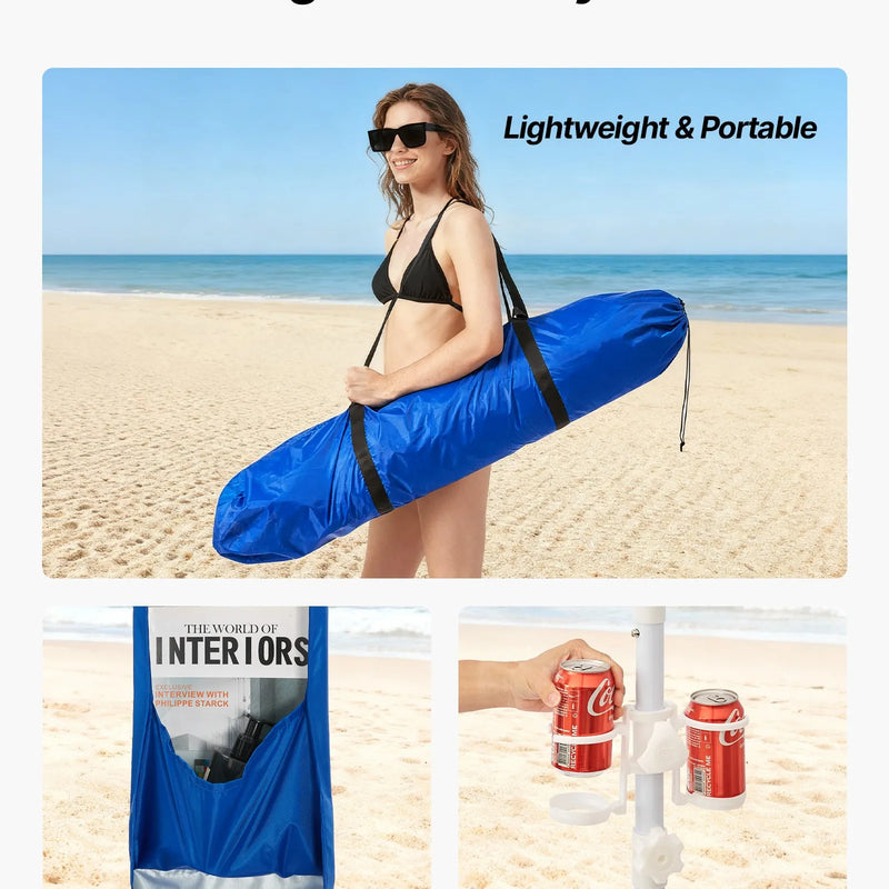 VEVOR pludmales kabana, 2,4 × 2,4 m pludmales nojume ar sānu sienu, UPF 50+ aizsardzība, viegli uzstādāma kabana telts ar smilšu kabatām, regulējams augstums, pārnēsājama saules aizsardzības nojume ģimenei un draugiem, zila