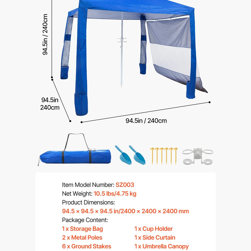 VEVOR pludmales kabana, 2,4 × 2,4 m pludmales nojume ar sānu sienu, UPF 50+ aizsardzība, viegli uzstādāma kabana telts ar smilšu kabatām, regulējams augstums, pārnēsājama saules aizsardzības nojume ģimenei un draugiem, zila