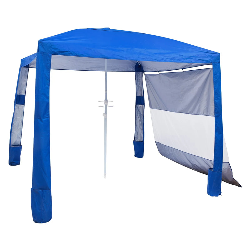 VEVOR pludmales kabana, 2,4 × 2,4 m pludmales nojume ar sānu sienu, UPF 50+ aizsardzība, viegli uzstādāma kabana telts ar smilšu kabatām, regulējams augstums, pārnēsājama saules aizsardzības nojume ģimenei un draugiem, zila