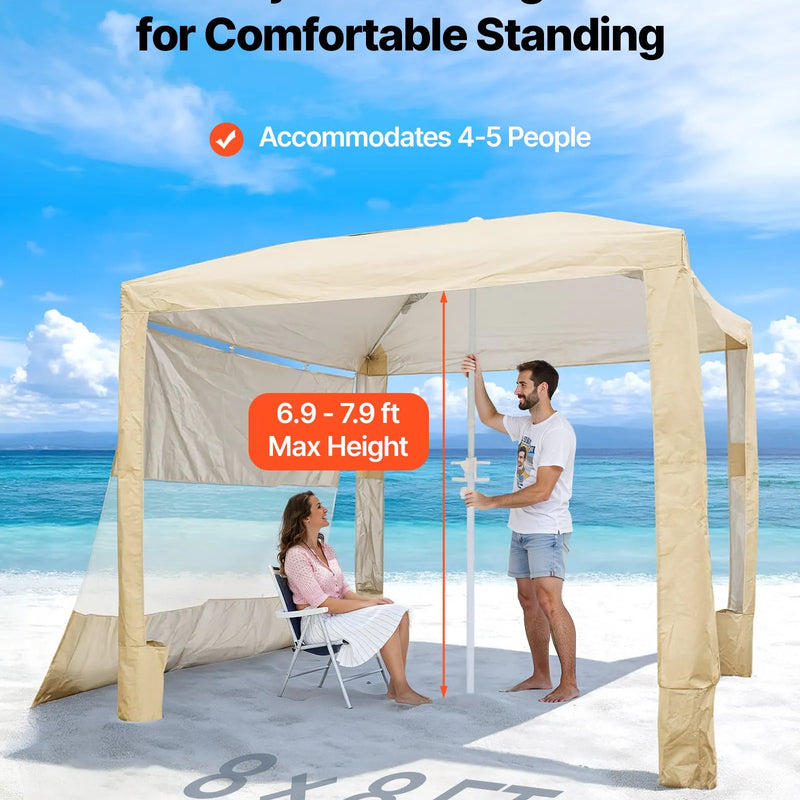 VEVOR pludmales kabana 2,4 × 2,4 m ar sānu sienu, UPF 50+ aizsardzība, viegli uzstādāma nojume ar smilšu kabatām, regulējams augstums, pārnēsājama saules aizsardzības telts ģimenei un draugiem, haki krāsa