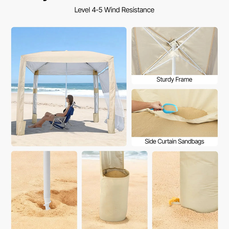 VEVOR pludmales kabana 2,4 × 2,4 m ar sānu sienu, UPF 50+ aizsardzība, viegli uzstādāma nojume ar smilšu kabatām, regulējams augstums, pārnēsājama saules aizsardzības telts ģimenei un draugiem, haki krāsa