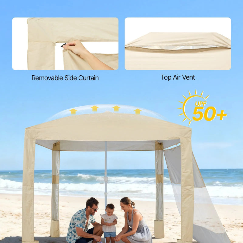 VEVOR pludmales kabana 2,4 × 2,4 m ar sānu sienu, UPF 50+ aizsardzība, viegli uzstādāma nojume ar smilšu kabatām, regulējams augstums, pārnēsājama saules aizsardzības telts ģimenei un draugiem, haki krāsa