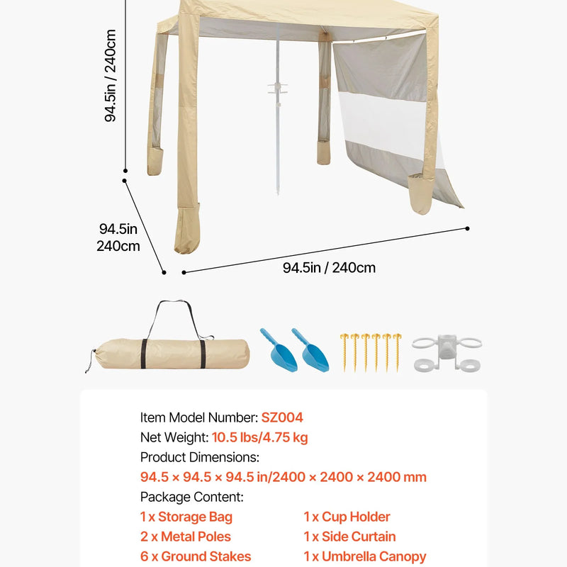 VEVOR pludmales kabana 2,4 × 2,4 m ar sānu sienu, UPF 50+ aizsardzība, viegli uzstādāma nojume ar smilšu kabatām, regulējams augstums, pārnēsājama saules aizsardzības telts ģimenei un draugiem, haki krāsa