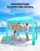 VEVOR pludmales kabana 2,4 × 2,4 m ar sānu sienu, UPF 50+ aizsardzība, viegli uzstādāma nojume ar smilšu kabatām, regulējams augstums, pārnēsājama saules aizsardzības nojume ģimenei un draugiem, zaļa krāsa