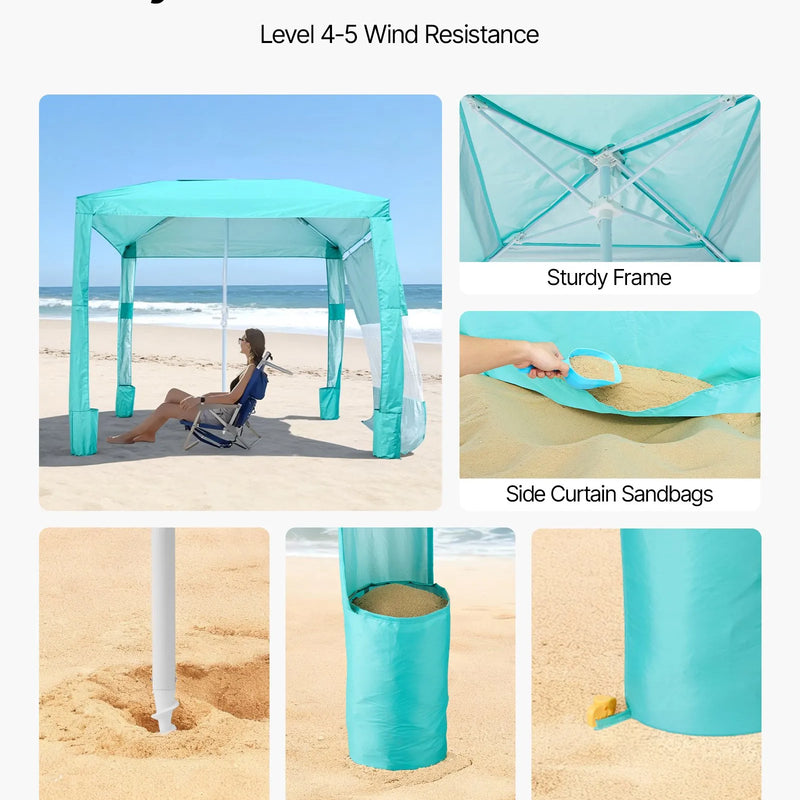 VEVOR pludmales kabana 2,4 × 2,4 m ar sānu sienu, UPF 50+ aizsardzība, viegli uzstādāma nojume ar smilšu kabatām, regulējams augstums, pārnēsājama saules aizsardzības nojume ģimenei un draugiem, zaļa krāsa