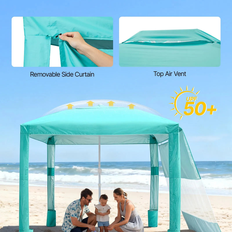 VEVOR pludmales kabana 2,4 × 2,4 m ar sānu sienu, UPF 50+ aizsardzība, viegli uzstādāma nojume ar smilšu kabatām, regulējams augstums, pārnēsājama saules aizsardzības nojume ģimenei un draugiem, zaļa krāsa