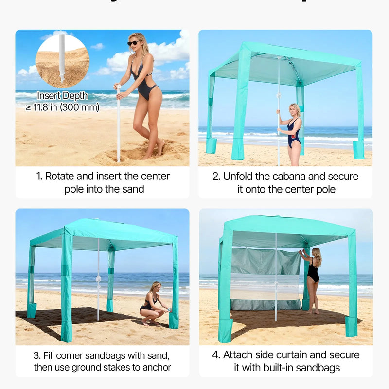 VEVOR pludmales kabana 2,4 × 2,4 m ar sānu sienu, UPF 50+ aizsardzība, viegli uzstādāma nojume ar smilšu kabatām, regulējams augstums, pārnēsājama saules aizsardzības nojume ģimenei un draugiem, zaļa krāsa