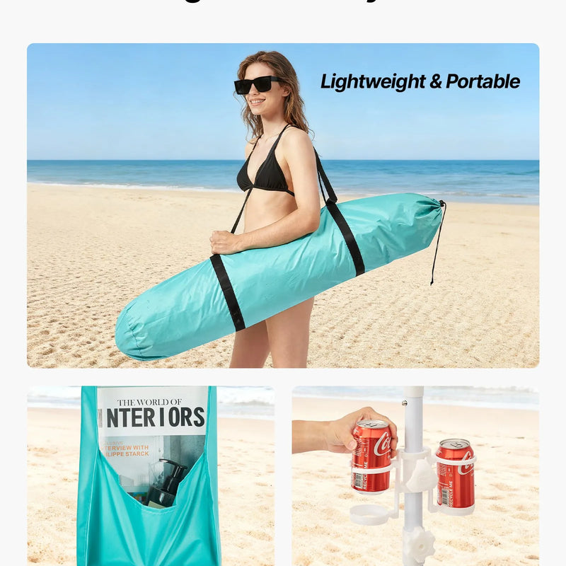 VEVOR pludmales kabana 2,4 × 2,4 m ar sānu sienu, UPF 50+ aizsardzība, viegli uzstādāma nojume ar smilšu kabatām, regulējams augstums, pārnēsājama saules aizsardzības nojume ģimenei un draugiem, zaļa krāsa