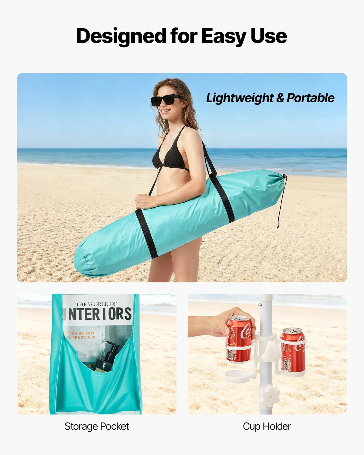 VEVOR pludmales kabana 2,4 × 2,4 m ar sānu sienu, UPF 50+ aizsardzība, viegli uzstādāma nojume ar smilšu kabatām, regulējams augstums, pārnēsājama saules aizsardzības nojumeģimenei un draugiem, zaļa krāsa