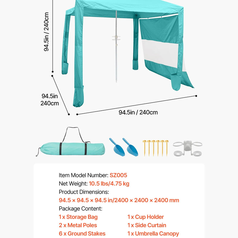 VEVOR pludmales kabana 2,4 × 2,4 m ar sānu sienu, UPF 50+ aizsardzība, viegli uzstādāma nojume ar smilšu kabatām, regulējams augstums, pārnēsājama saules aizsardzības nojume ģimenei un draugiem, zaļa krāsa