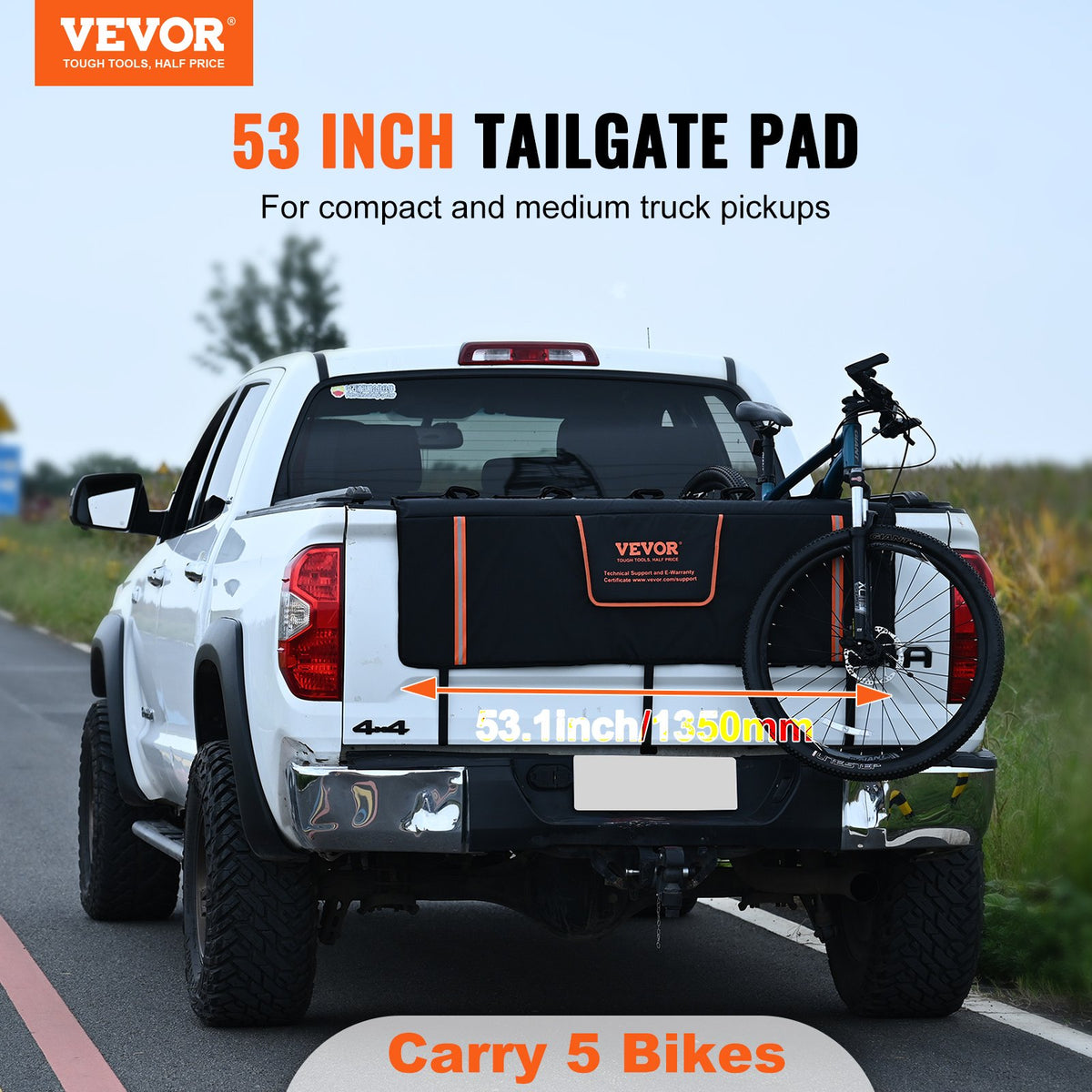 VEVOR Bicycle Carrier for Truck Bed Tailgate, 135 cm – Fits 5 Mountain Bikes, with Reflective Straps, Tool Pockets and Camera Opening, Suitable for Mid-Size Pickups