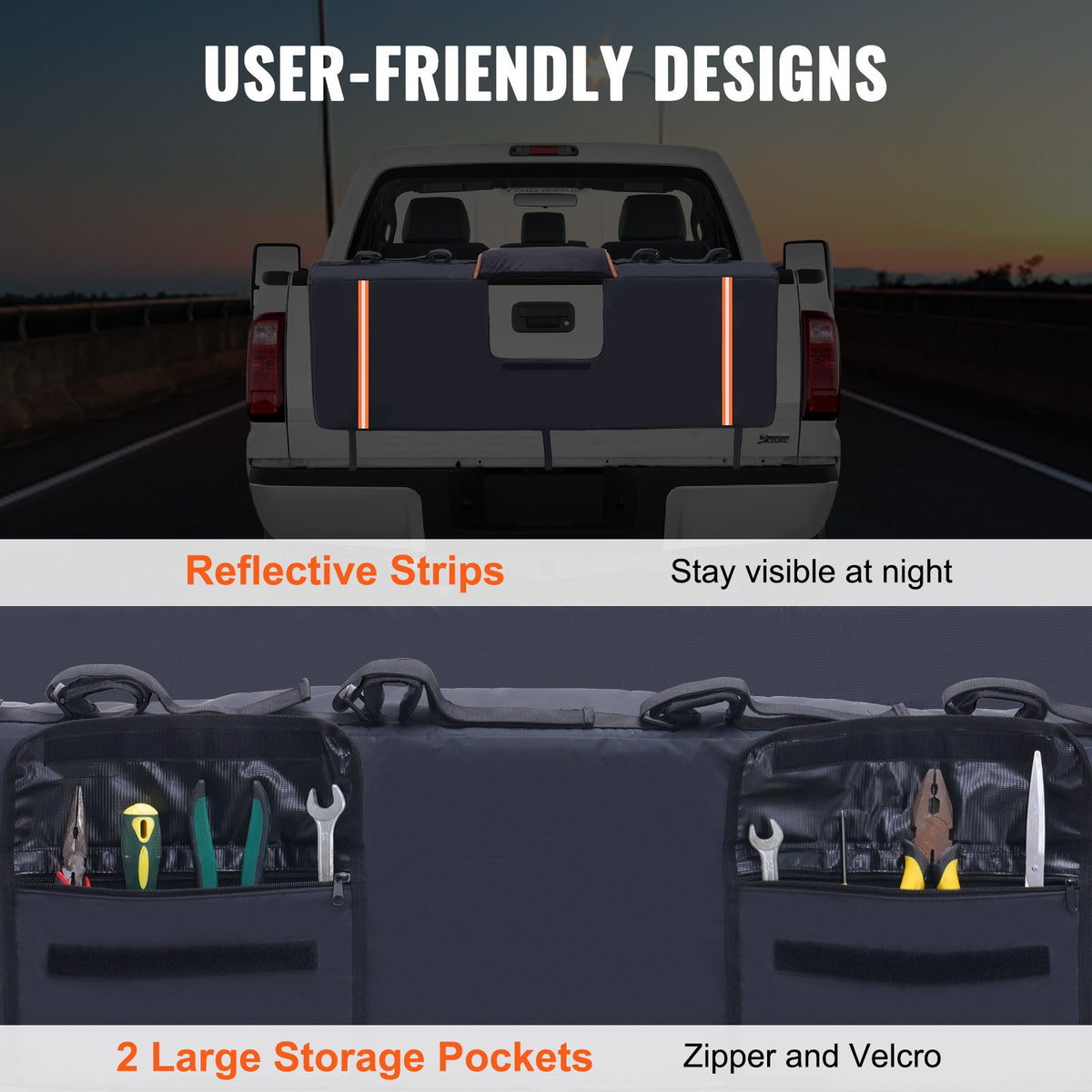 VEVOR Bicycle Carrier for Truck Bed Tailgate, 135 cm – Fits 5 Mountain Bikes, with Reflective Straps, Tool Pockets and Camera Opening, Suitable for Mid-Size Pickups