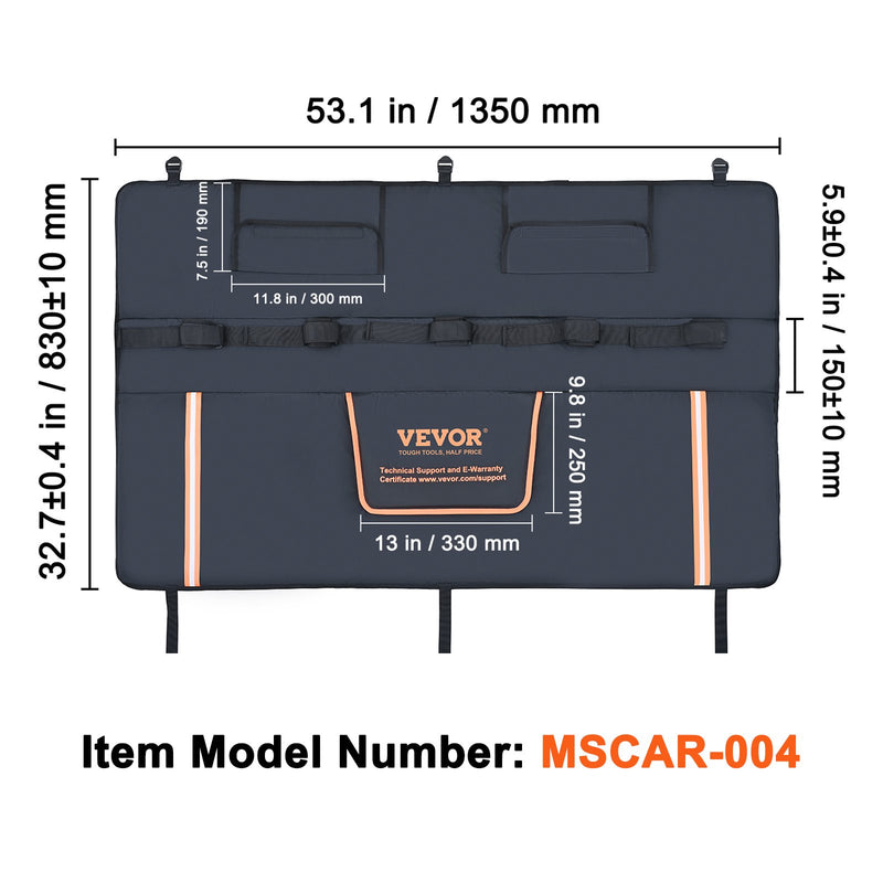 VEVOR velosipēdu aizsargpaliktnis kravas automašīnas aizmugures bortam, 135 cm – paredzēts 5 kalnu velosipēdiem, ar atstarojošām joslām, instrumentu kabatām un kamerai paredzētu atveri, piemērots vidēja izmēra pikapiem
