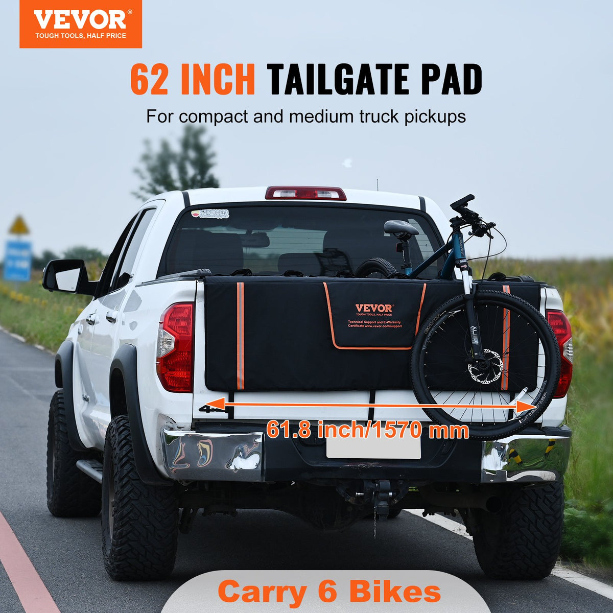 VEVOR Cargo Bike Rack, 1575 mm, Fits 6 Mountain Bikes, with Reflective Strips, Tool Pockets and Camera Opening, Suitable for Pickup Trucks