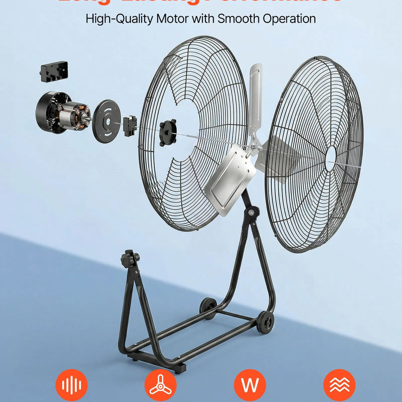 VEVOR industriālais grīdas ventilators 61 cm, 7500 CFM augstas veiktspējas gaisa plūsma, alumīnija lāpstiņas, 3 ātrumi, 360° regulējams slīpums, piemērots darbnīcām, noliktavām, garāžām un komerctelpām, melns