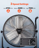 VEVOR industriālais grīdas ventilators 61 cm, 7500 CFM augstas veiktspējas gaisa plūsma, alumīnija lāpstiņas, 3 ātrumi, 360° regulējams slīpums, piemērots darbnīcām, noliktavām, garāžām un komerctelpām, melns